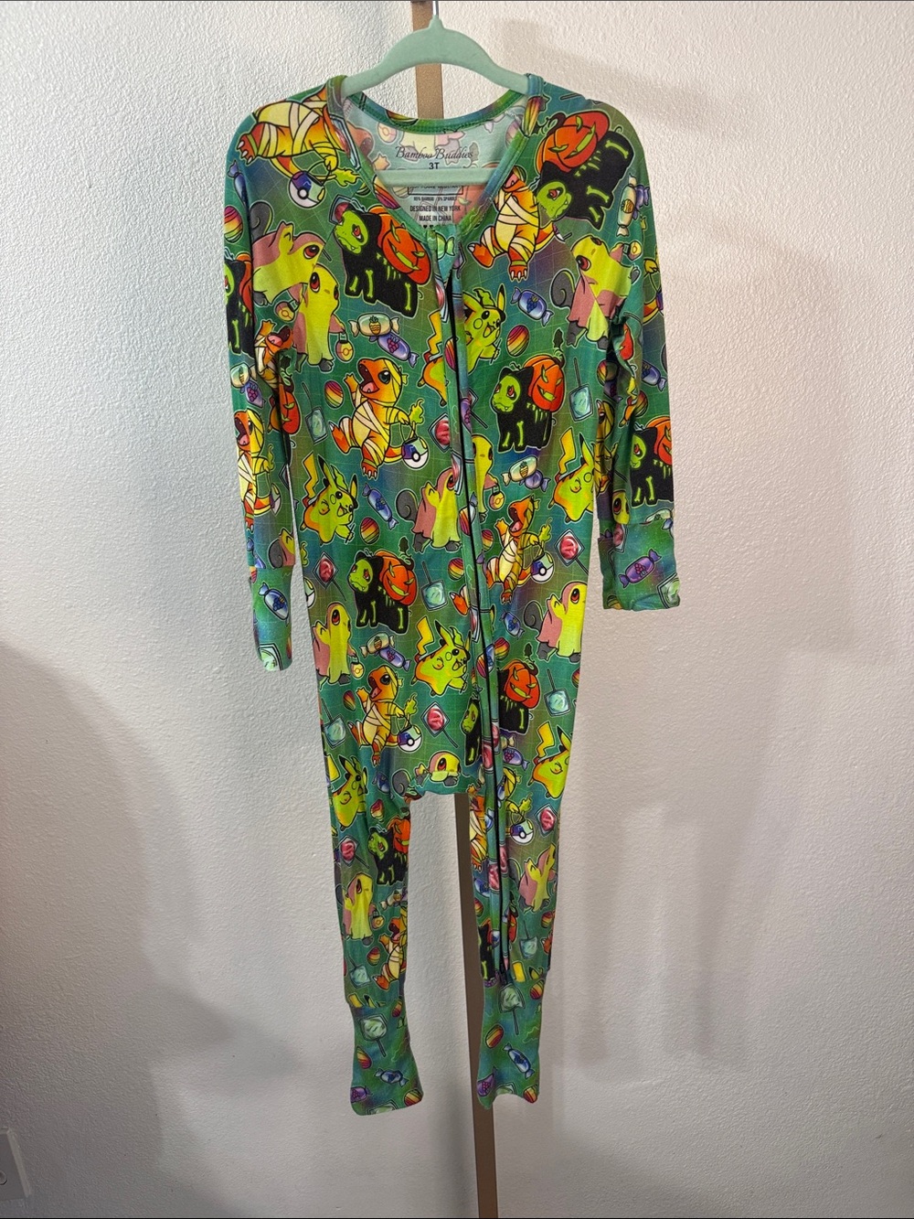 Bamboo Buddies-Pokémon Green Halloween One-Piece Zipper Pajamas- 3T